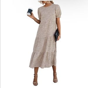 Summer Casual Boho Floral Print Ruffle Puff Sleeve High Waist Midi Dress